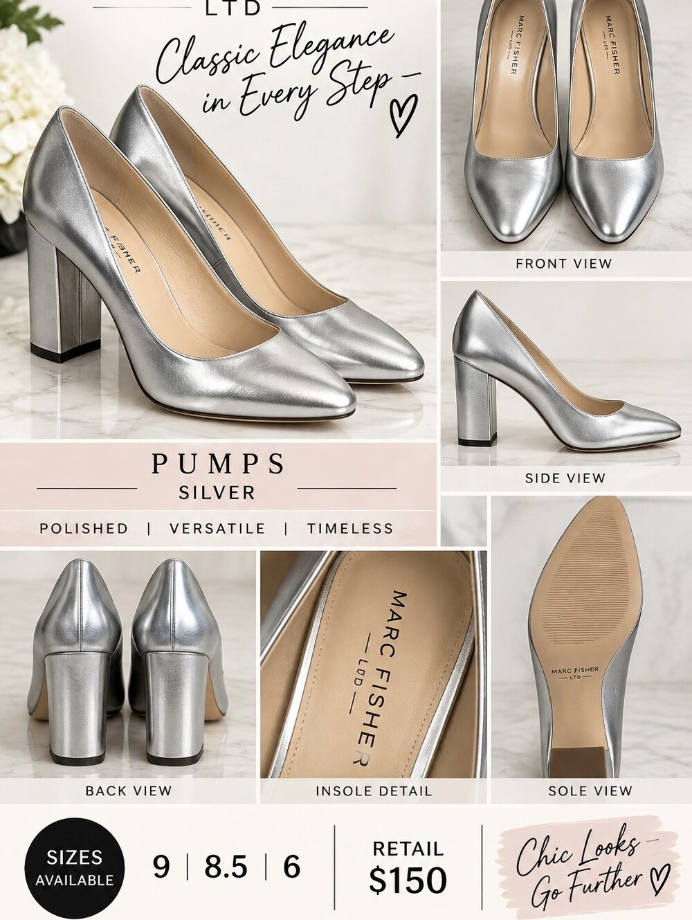 NiB Marc Fisher LTD Metallic Silver Pointed-Toe Block Heels